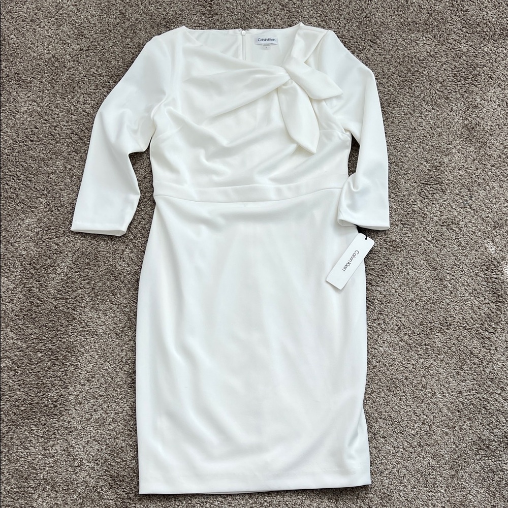 Calvin Klein White Long Sleeve Bow-Accent Sheath Dress